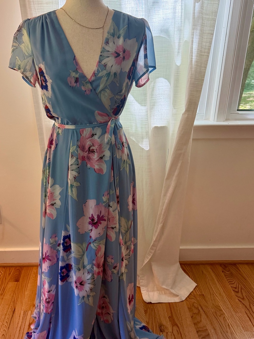 Yumi Kim Sky Blue Floral Wrap Maxi Dress with Pink & Navy Blooms